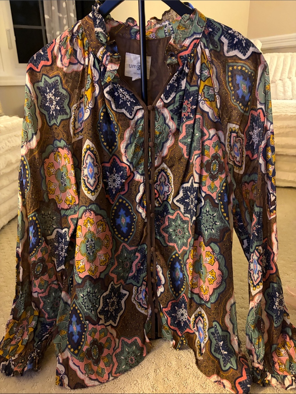 Umgee Brown Multicolor Boho Medallion Ruffle Tie Blouse